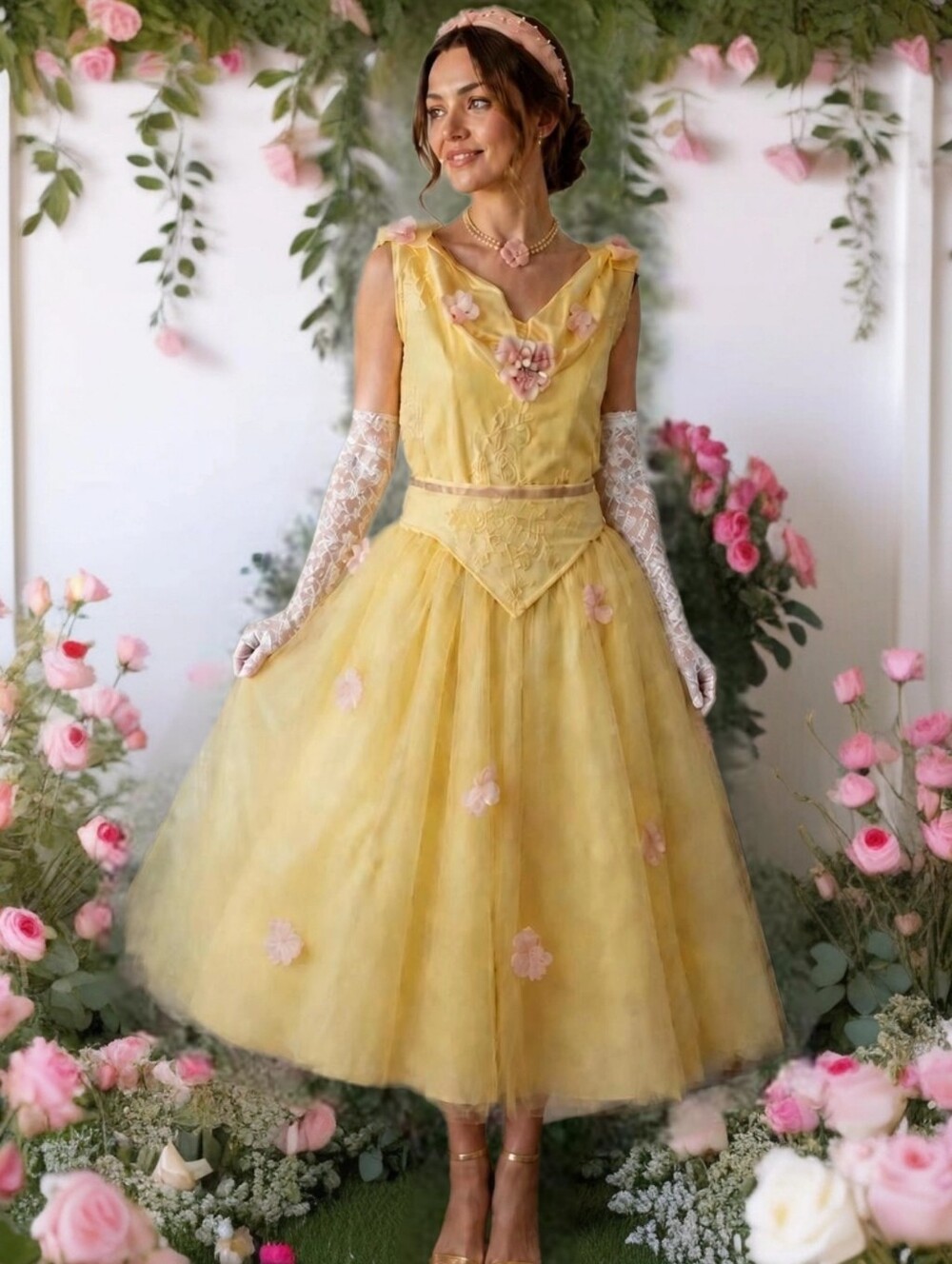 Belle Inspired Costume Set Ucycled Yellow Chiffon Midi Gown Size L